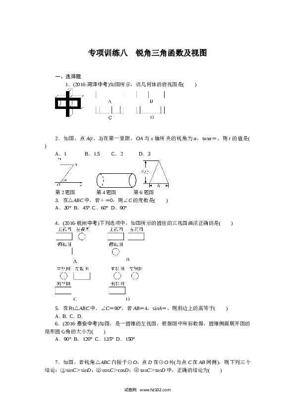 初三人教版数学下册专项训练八　锐角三角函数及视图.doc 第1页