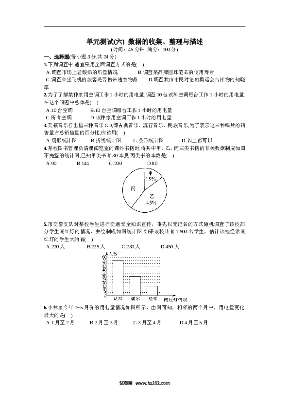 【单元检测】初中一年级数学下册第10章  单元测试 数据的收集、整理与描述.doc 第1页