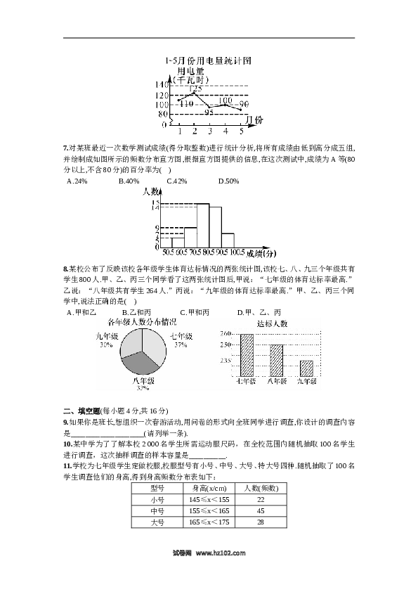 【单元检测】初中一年级数学下册第10章  单元测试 数据的收集、整理与描述.doc 第2页