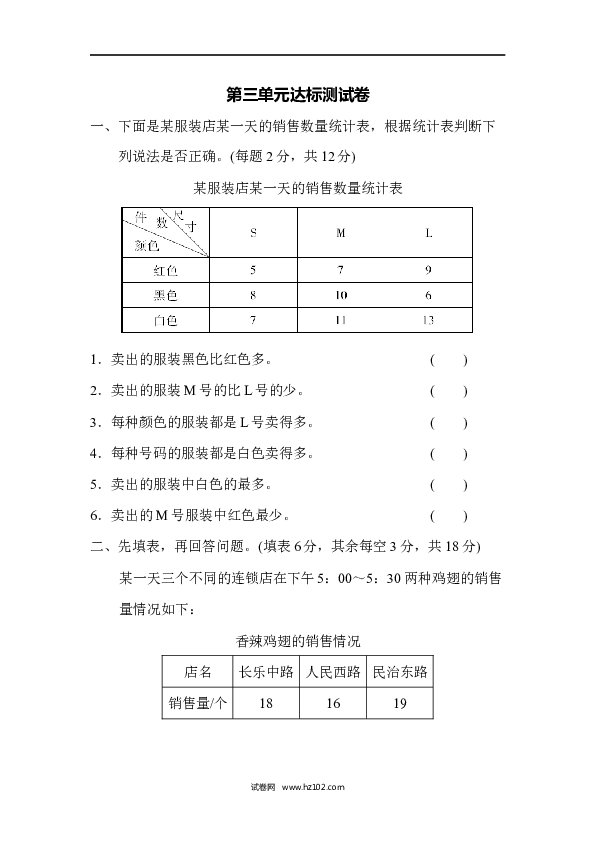 三年级人教版数学下册单元测试卷第3单元复式统计表、达标测试卷.docx 第1页