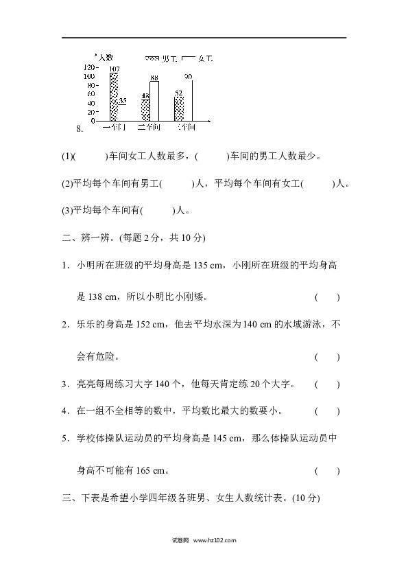 四年级人教版数学下册单元测试卷第8单元平均数与条形统计图、达标测试卷.docx 第2页