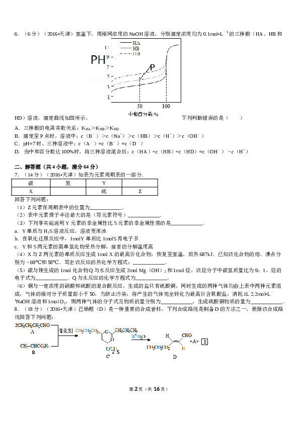 天津2016年天津高考理综化学试题含答案WORD.doc 第2页