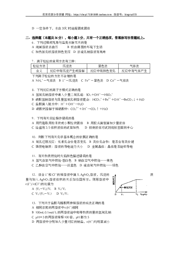 上海2007年上海市高中毕业统一学业考试化学试卷（word解析版）.doc 第2页
