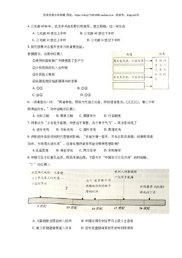 2016年上海市高中毕业统一学业考试历史试卷（word版）.doc 第2页