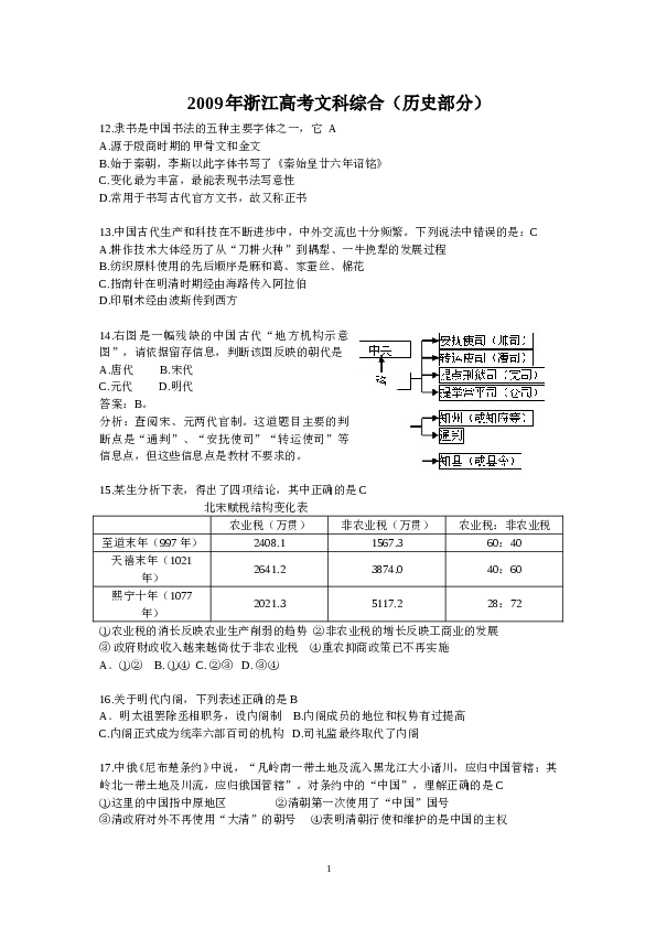 2009年高考浙江文综历史部分(附答案).doc 第1页