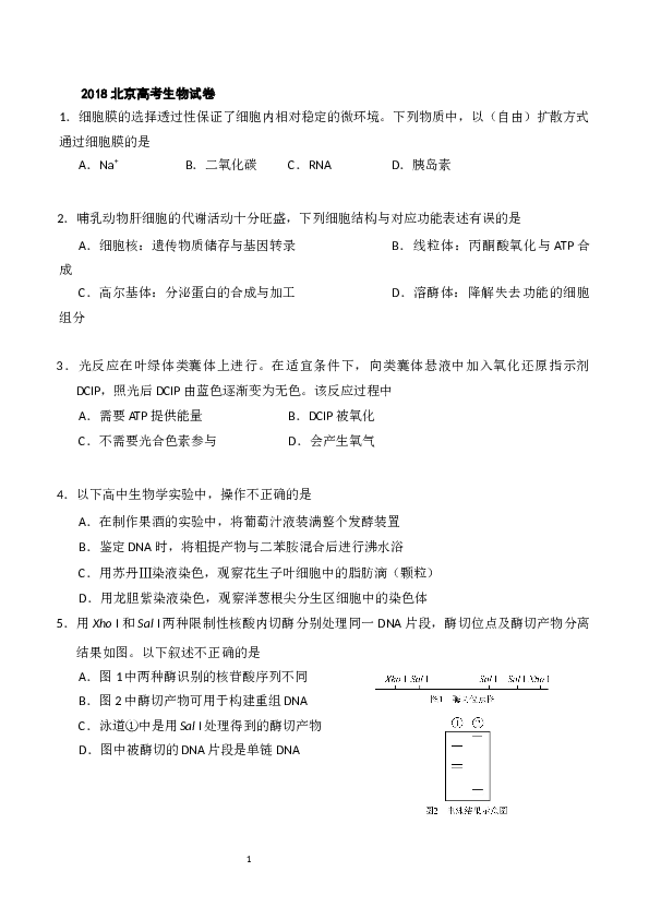 2018年北京高考生物试题及答案.docx 第1页