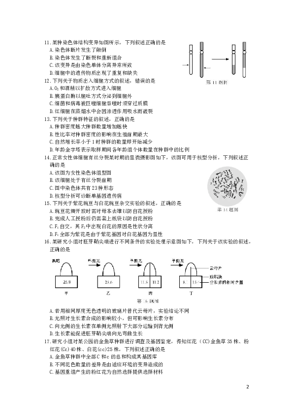 2018年11月浙江省生物选考试卷和答案.doc 第2页