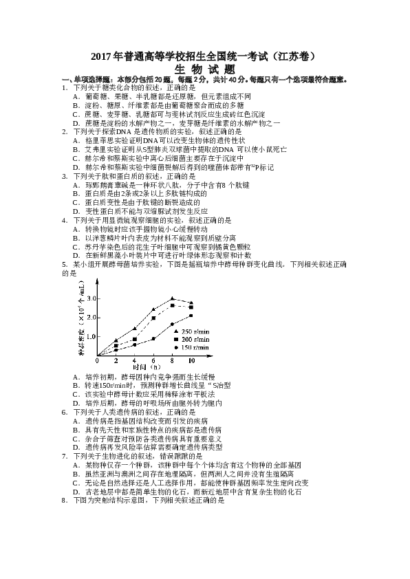 2017年江苏高考生物试卷及答案.doc 第1页