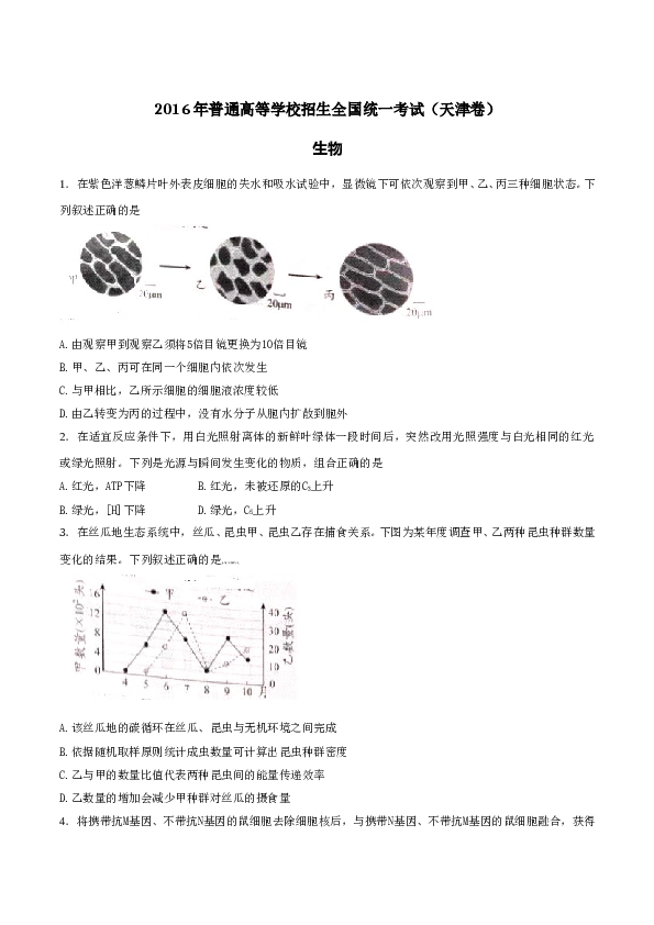 2016年天津高考生物试题及答案.doc 第1页