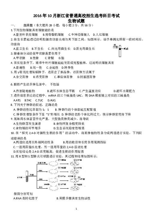2016年10月浙江省生物选考试卷和答案.docx 第1页