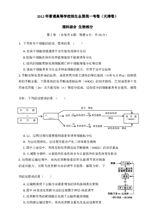 2012年天津高考生物试题及答案.docx 第1页