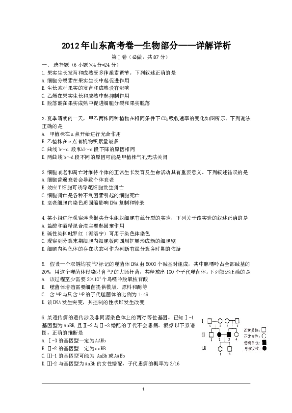 2012年山东高考生物真题试卷(含答案).doc 第1页