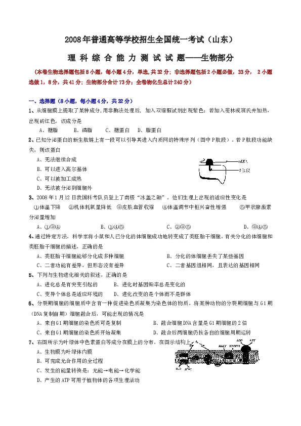 2008年山东高考生物真题试卷(含答案).doc 第1页