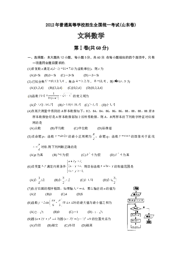 2012年山东高考文科数学真题及答案.doc 第1页