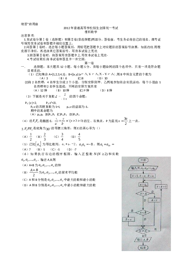 2012年理科数学海南省高考真题含答案.doc 第1页