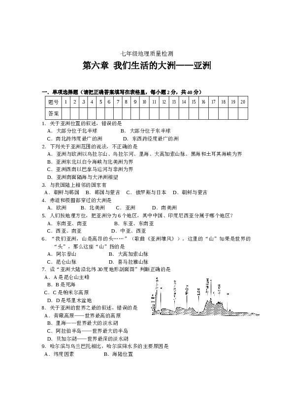 七年级地理质量检测七年级下册第6章.doc 第1页