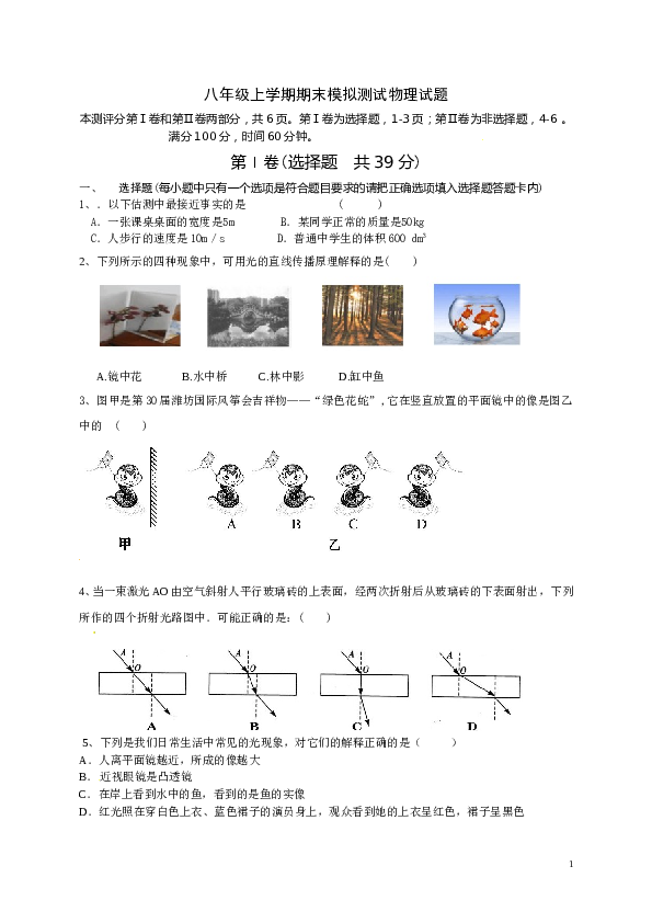 人教版八年级上学期期末模拟测试物理试题.doc 第1页