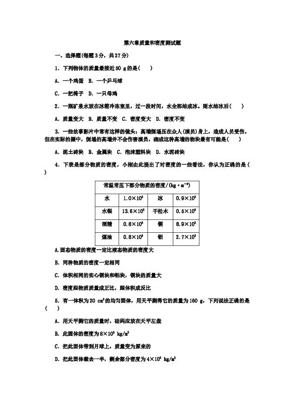人教版八年级物理上册第六章 质量和密度测试题.docx 第1页