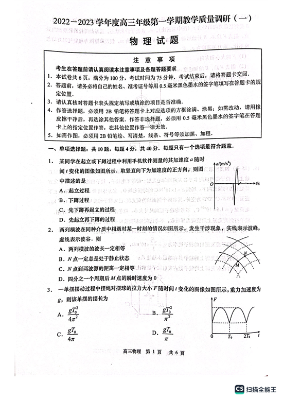 2022-2023学年度高三年级第一学期教学质量调研 物理 月考试题.pdf 第1页