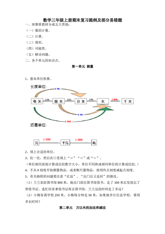 北师大版三年级数学上册 期末复习提纲及部分易错题 5页.doc 第1页