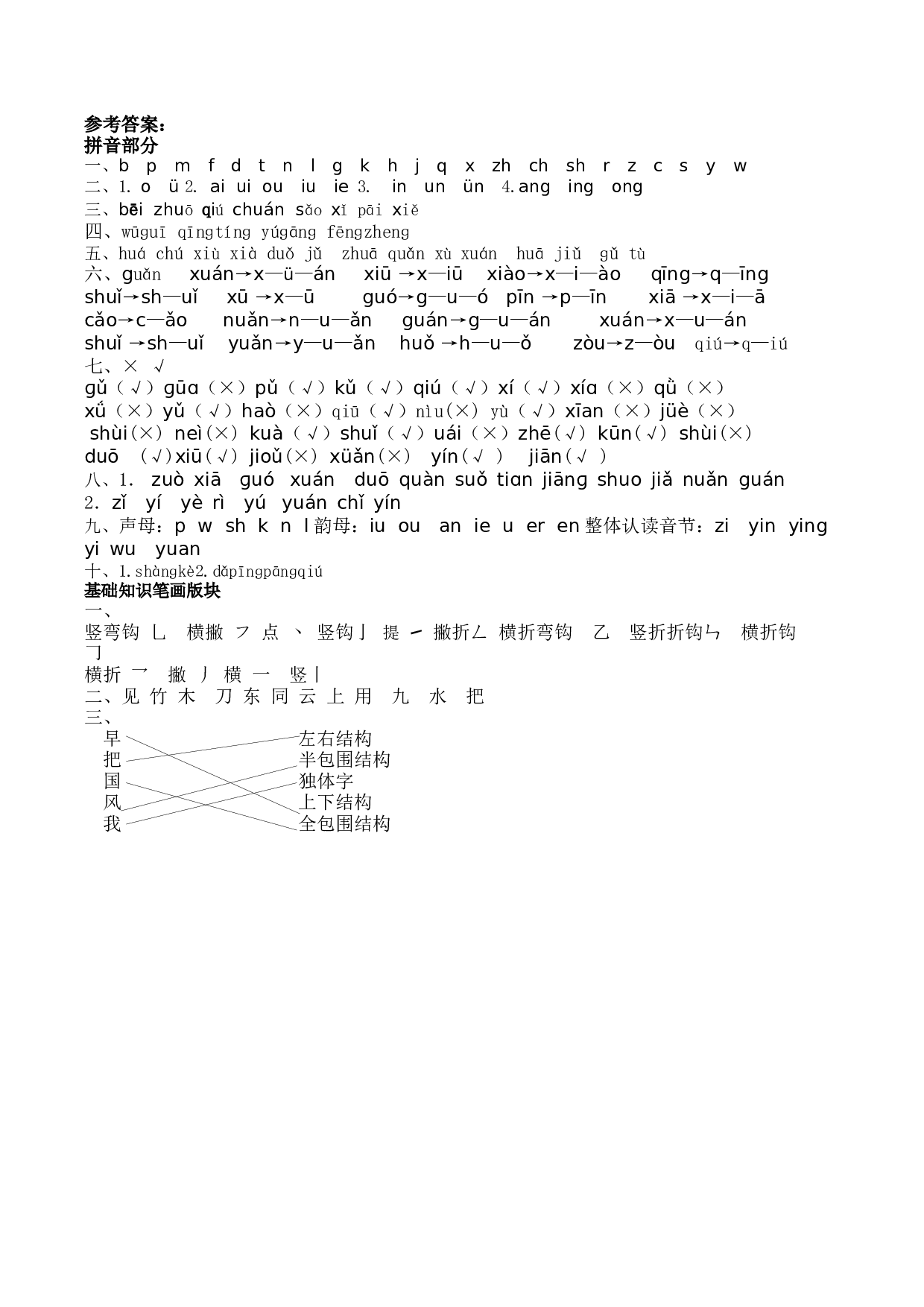 苏教版一年级语文上册 专项复习 拼音和笔画专项答案.docx 第1页
