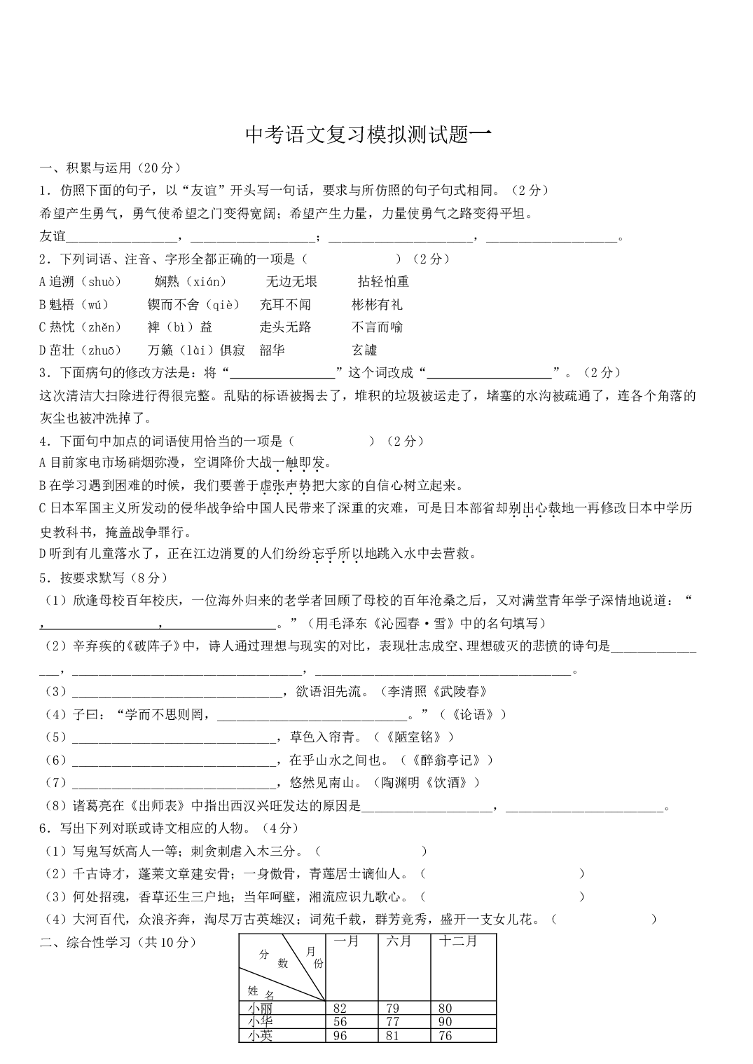 中考语文复习模拟测试题1.doc 第1页