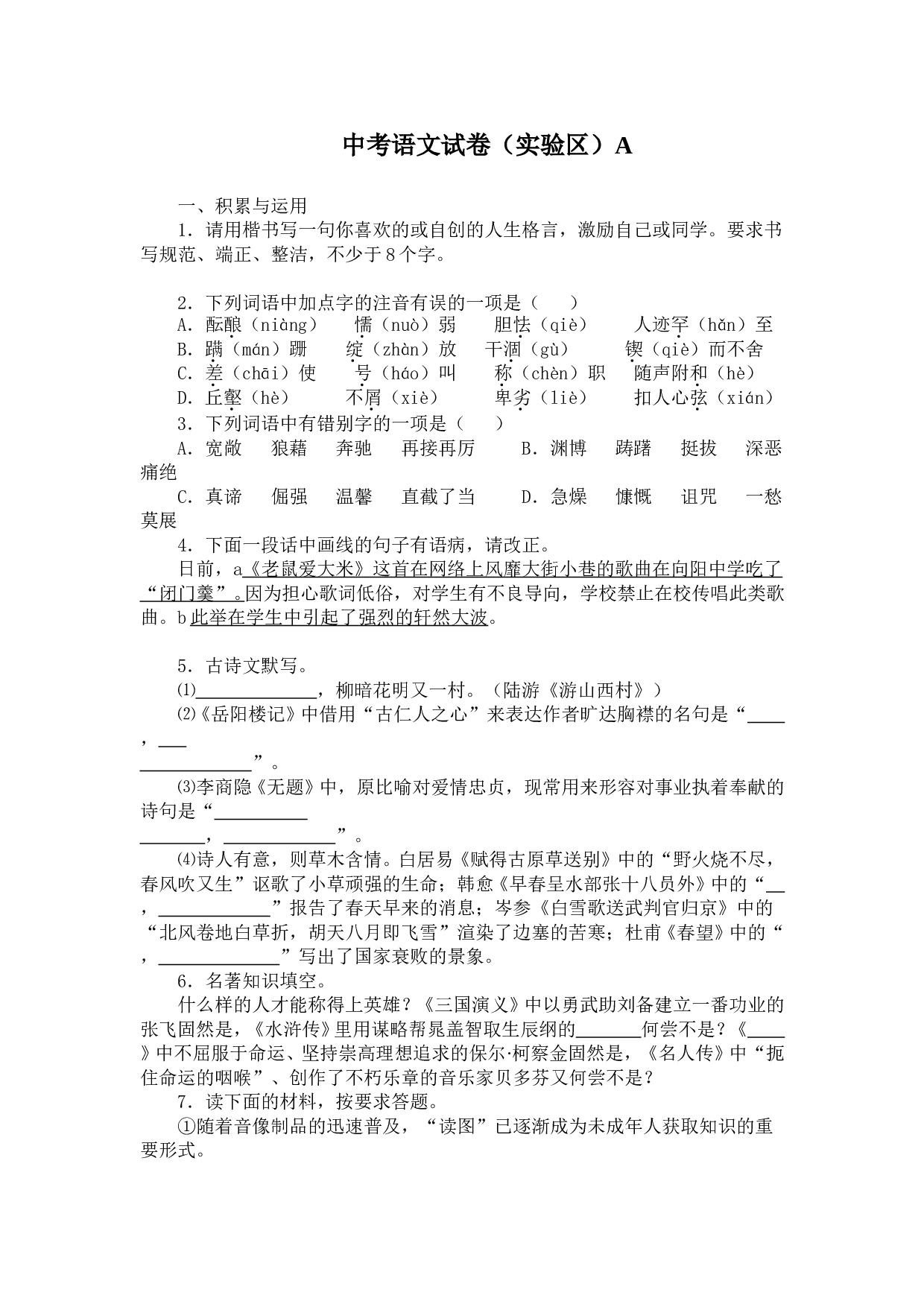 中考语文试卷（实验区）A.doc 第1页