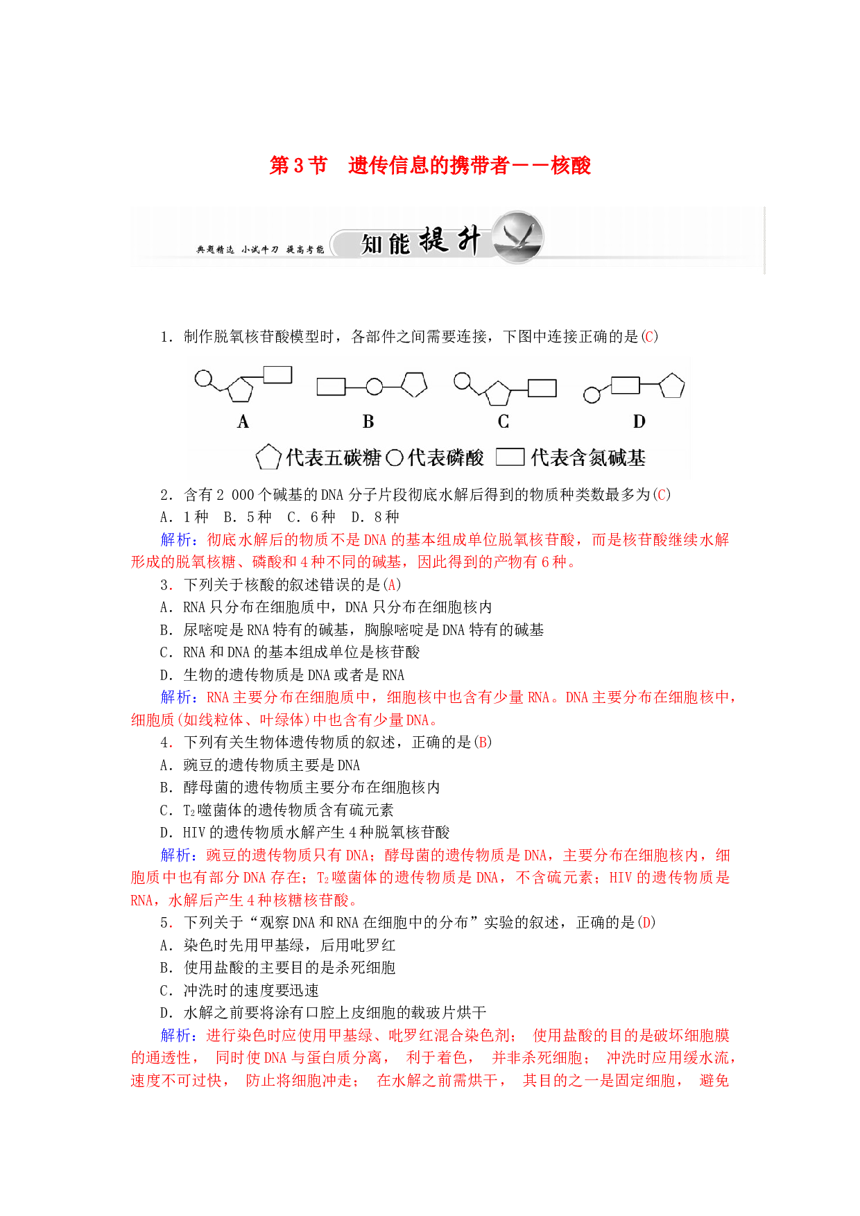 高中生物必修1作业：第二章第3节遗传信息的携带者&mdash;&mdash;核酸 （系列一）（含参考答案）.doc 第1页