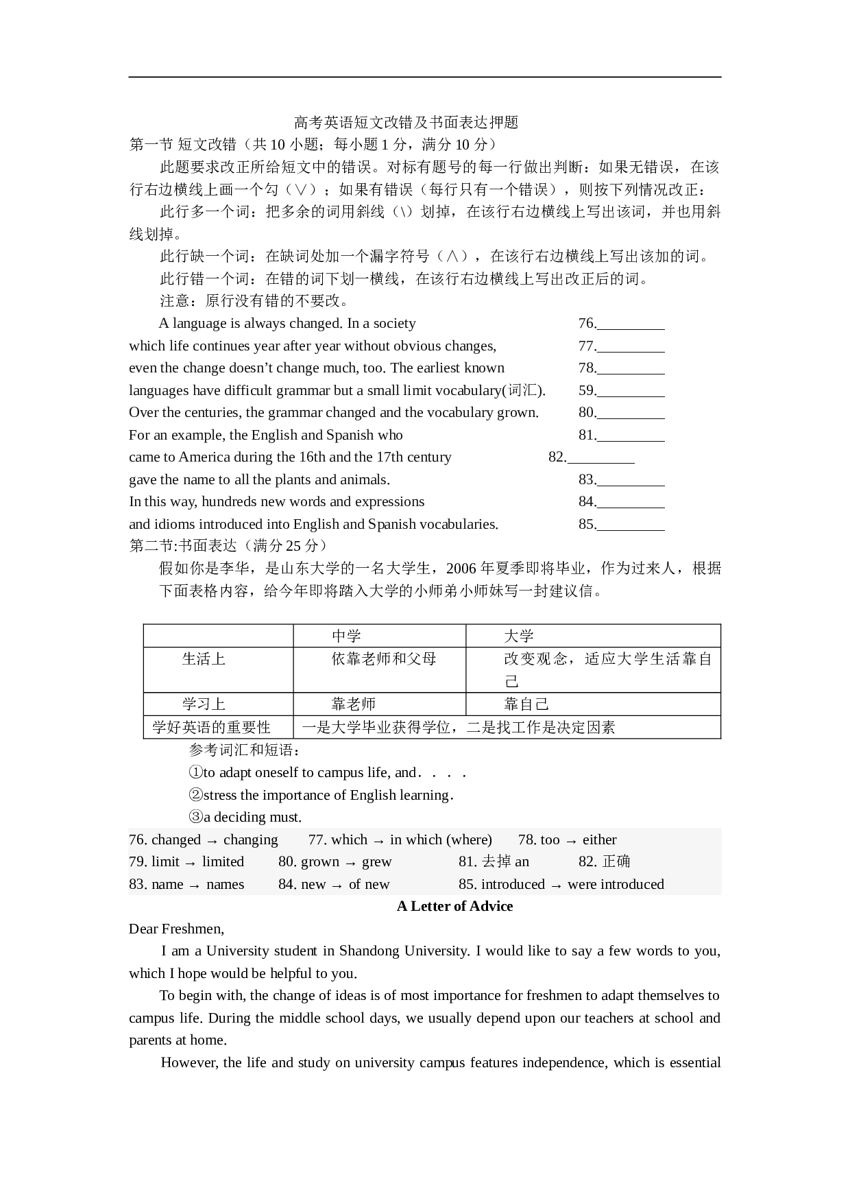 高考英语短文改错及书面表达押题.doc 第1页