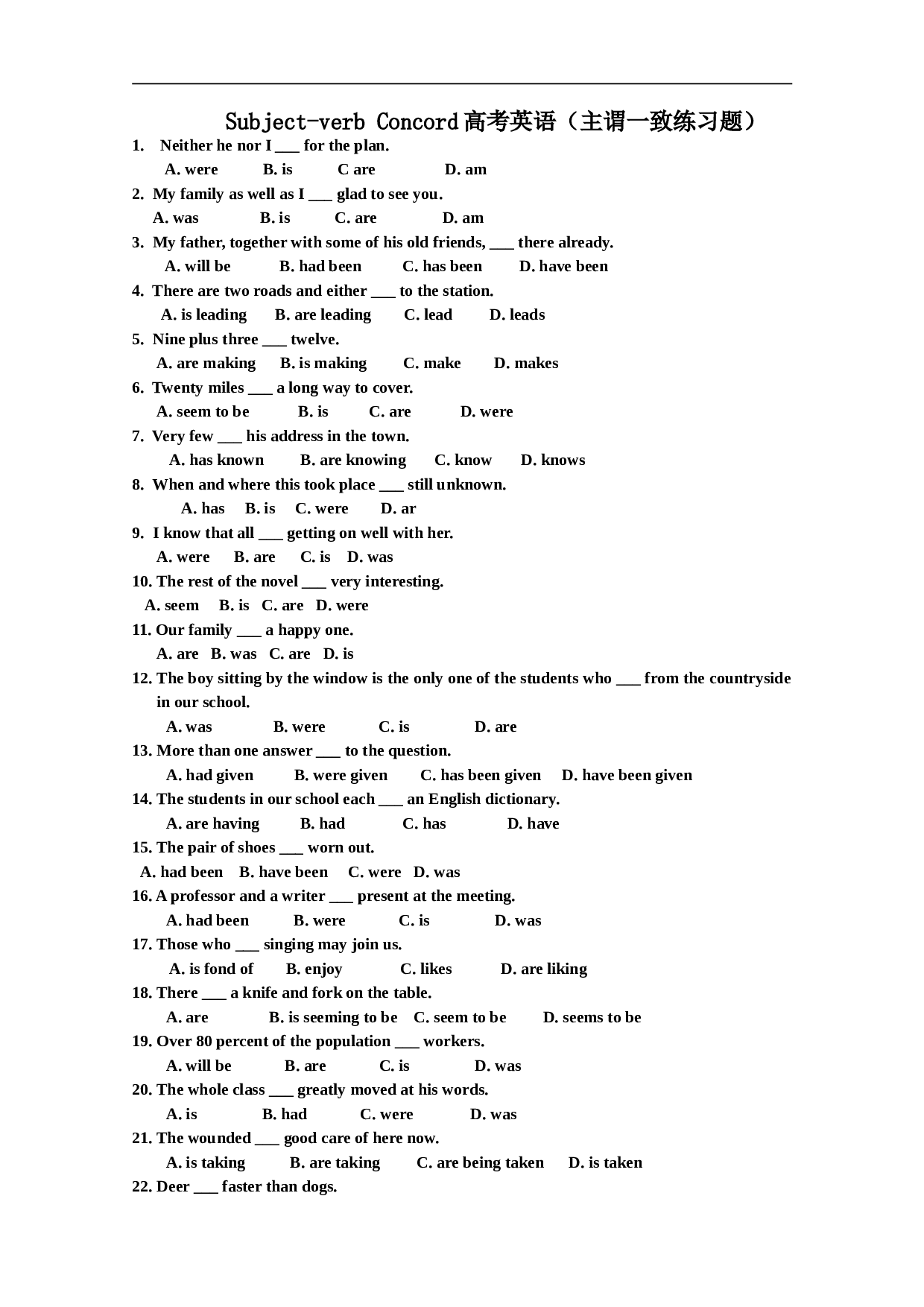 高考英语（主谓一致练习题）.doc 第1页