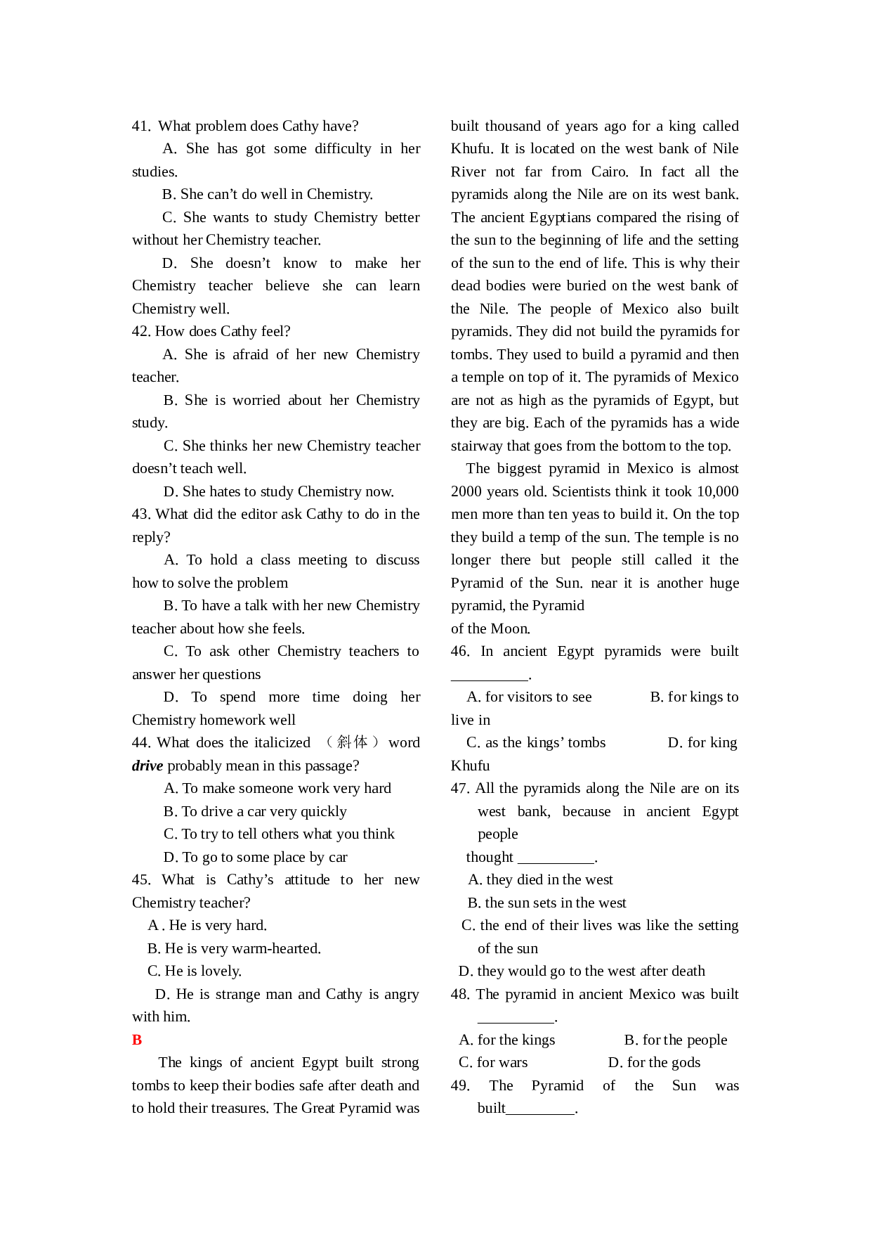 高一上学期英语完形和阅读理解.doc 第2页