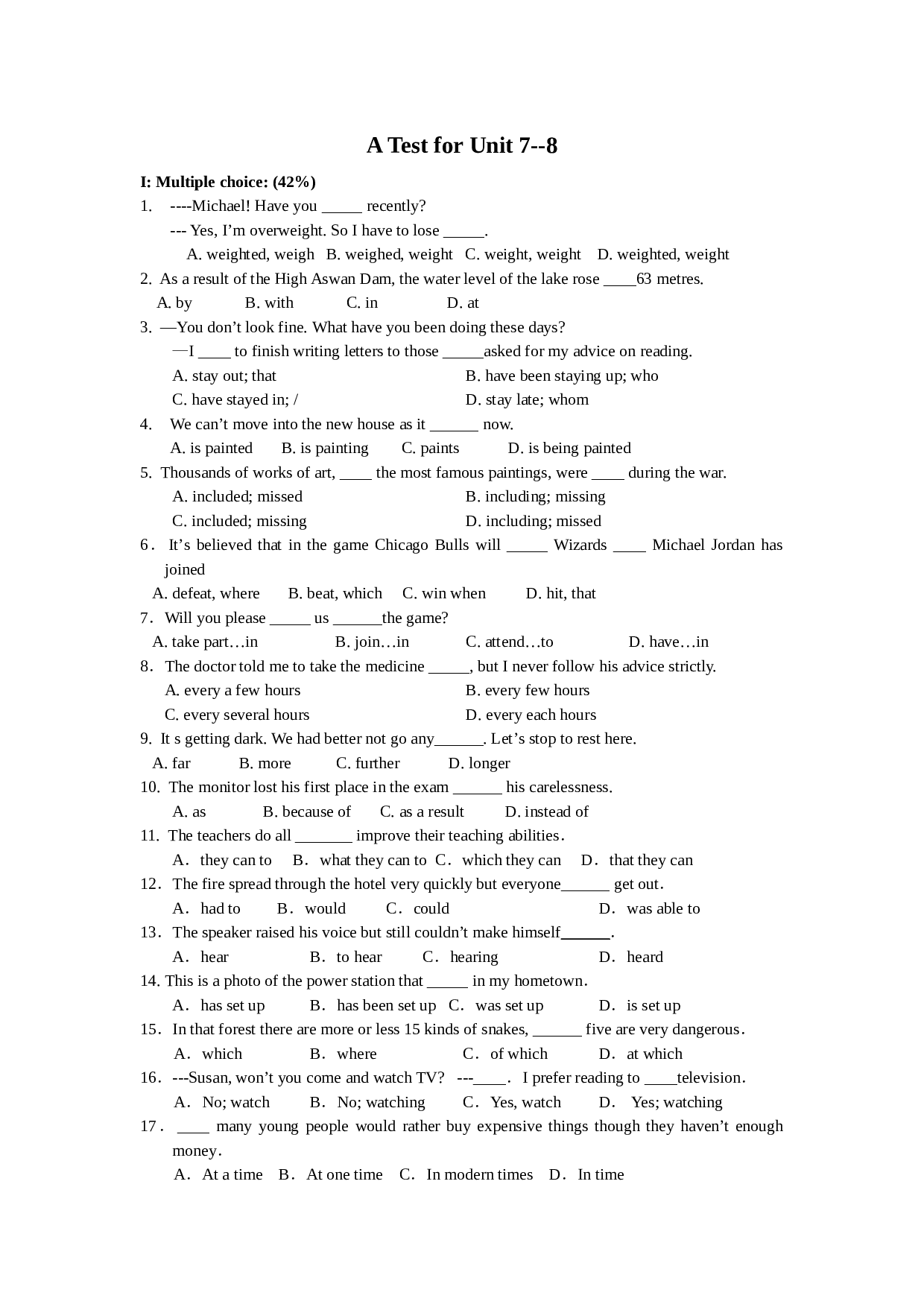 高一上学期英语ATestforUnit7&8.doc 第1页