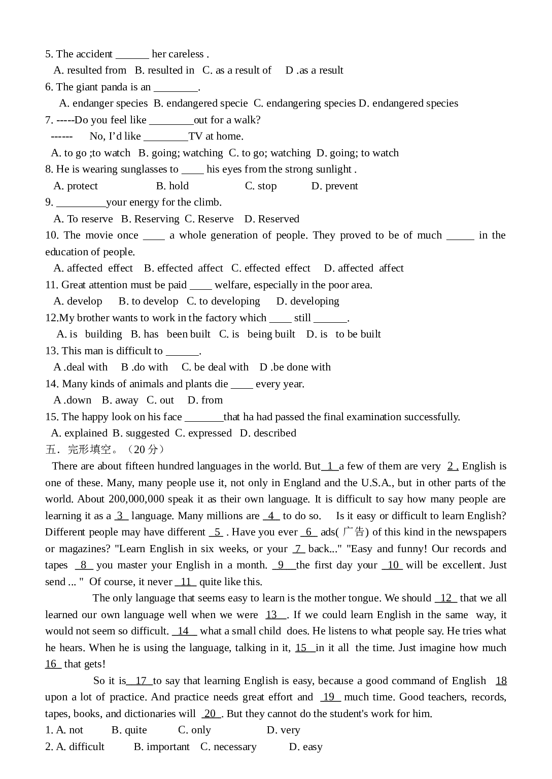 高一英语Unit4WildlifeProtection单元练习.doc 第2页