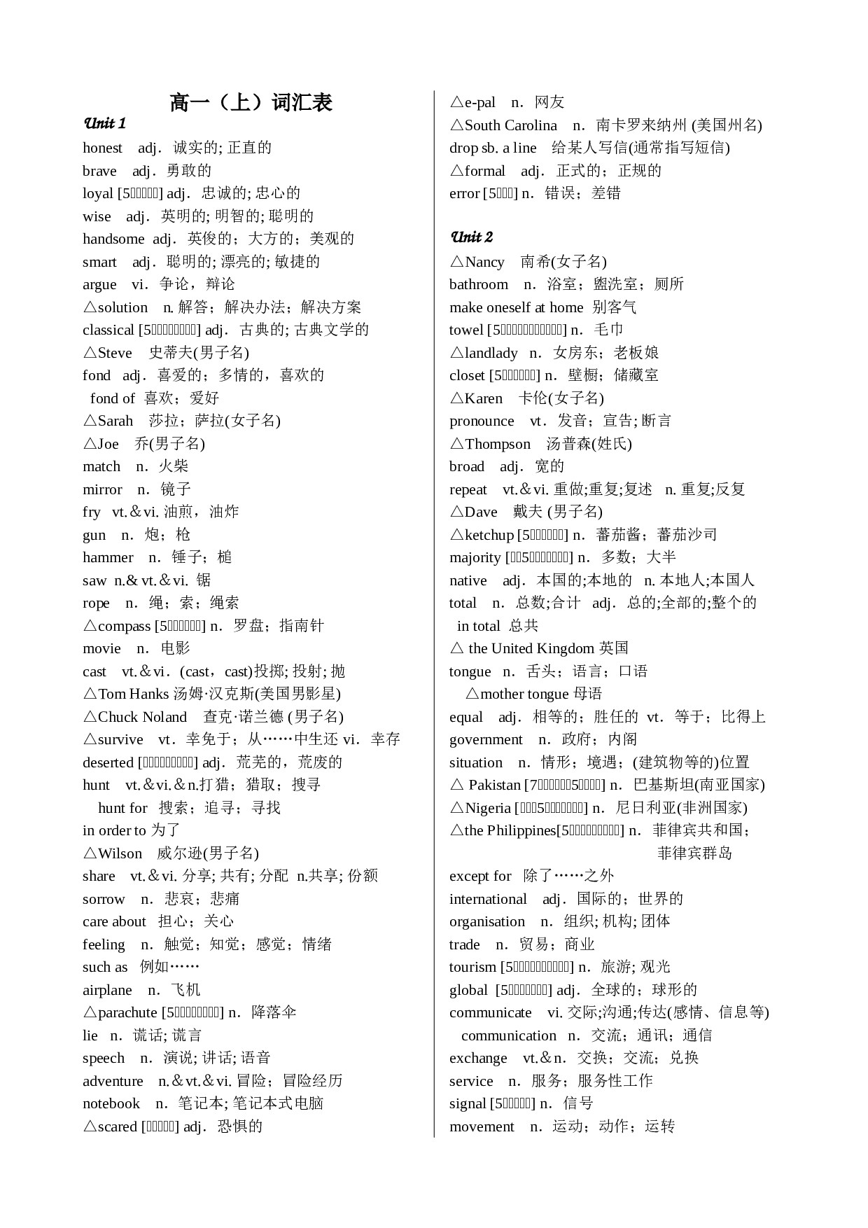 人教版高一（上）英语词汇表【按单元顺序】.doc 第1页