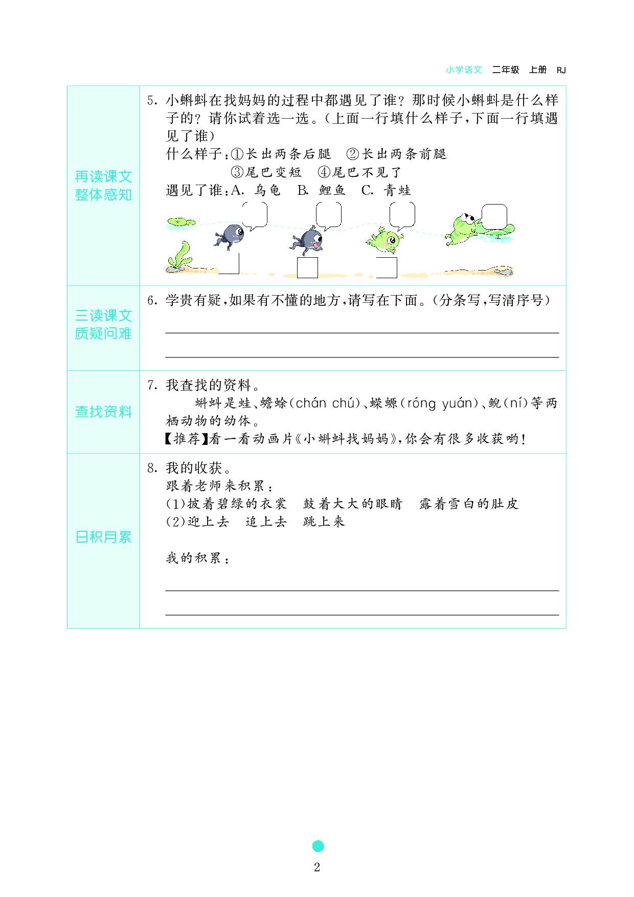 小学二年级语文上册《课前预习目标》1 小蝌蚪找妈妈.pdf 第2页