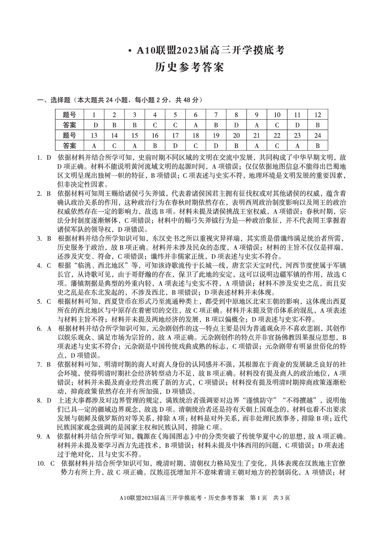 A10联盟2023届高三开学摸底考历史参考答案.pdf 第1页