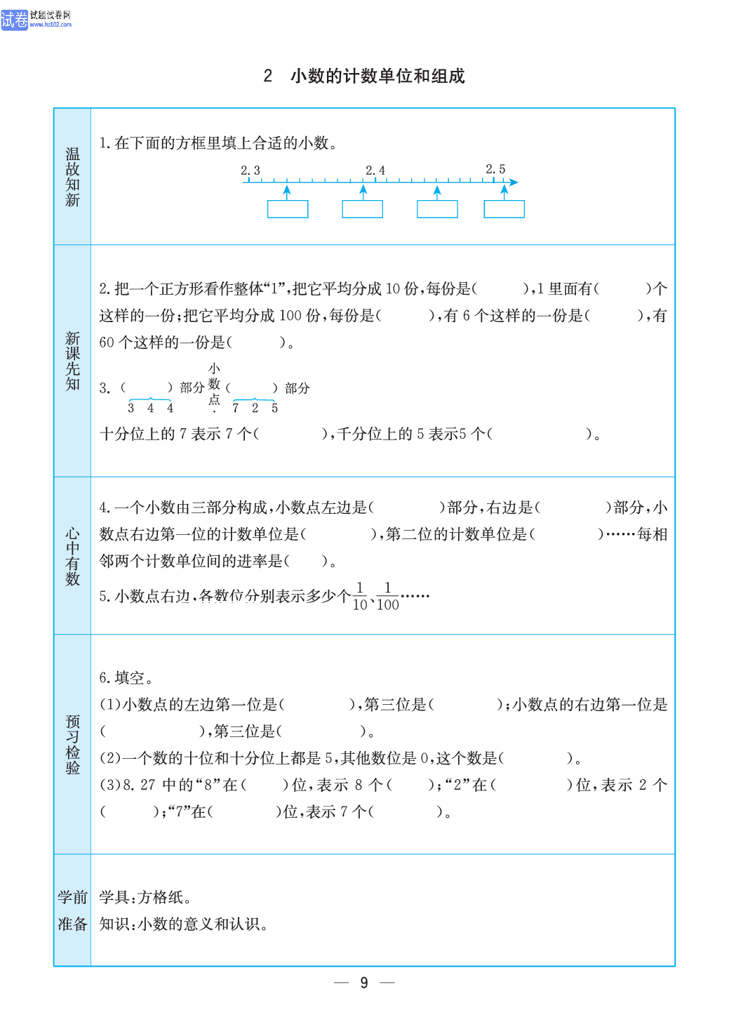 小学苏教版五年级上册数学预习题_2、小数的计数单位和组成.pdf 第1页