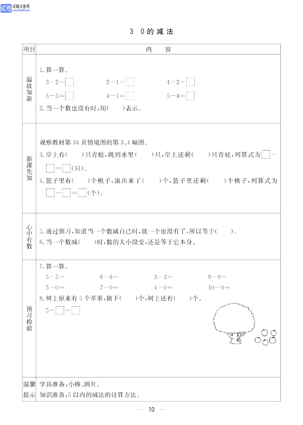 小学青岛版五四制一年级（上册）数学预习_3、0的减法.pdf 第1页