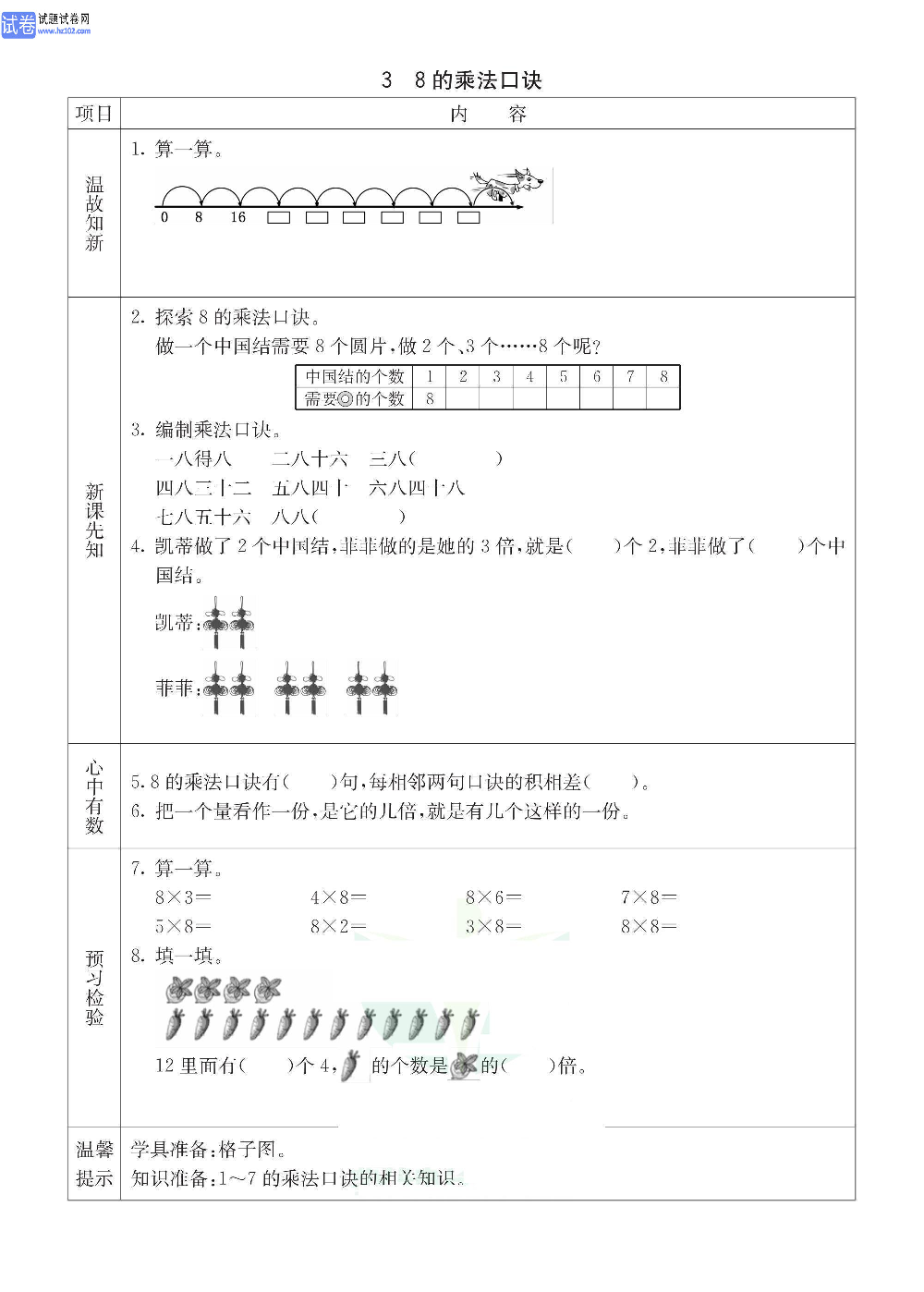 小学青岛版五四制二年级（上册）数学预习_3、8的乘法口诀.pdf 第1页