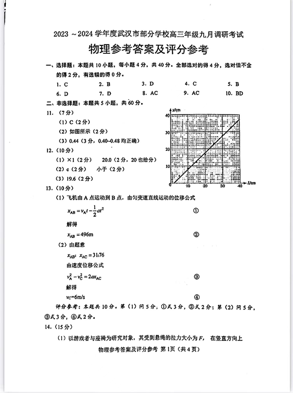 2023～2024学年度武汉市部分学校高三年级九月调研考试物理参考答案及评分参考.pdf 第1页