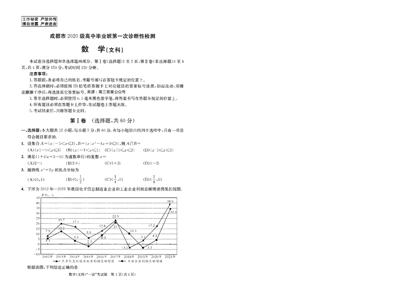 成都市2020级高中毕业班第一次诊断性检测数学(文科).pdf 第1页