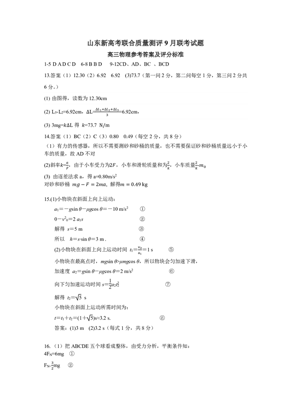 山东新高考联合质量测评9月联考试题高三物理参考答案及评分标准.pdf 第1页