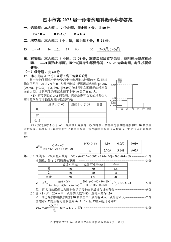 四川省巴中市普通高中2020级&ldquo;一诊&rdquo;考试数学（理科）参考答案.pdf 第1页