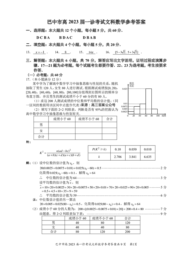 四川省巴中市普通高中2020级&ldquo;一诊&rdquo;考试数学（文科）参考答案.pdf 第1页