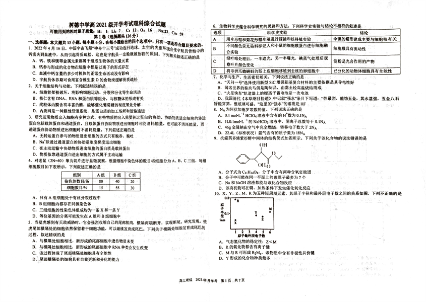 四川省成都市树德中学2023-2024学年高三上学期开学考试理科综合试题含答案.pdf 第1页