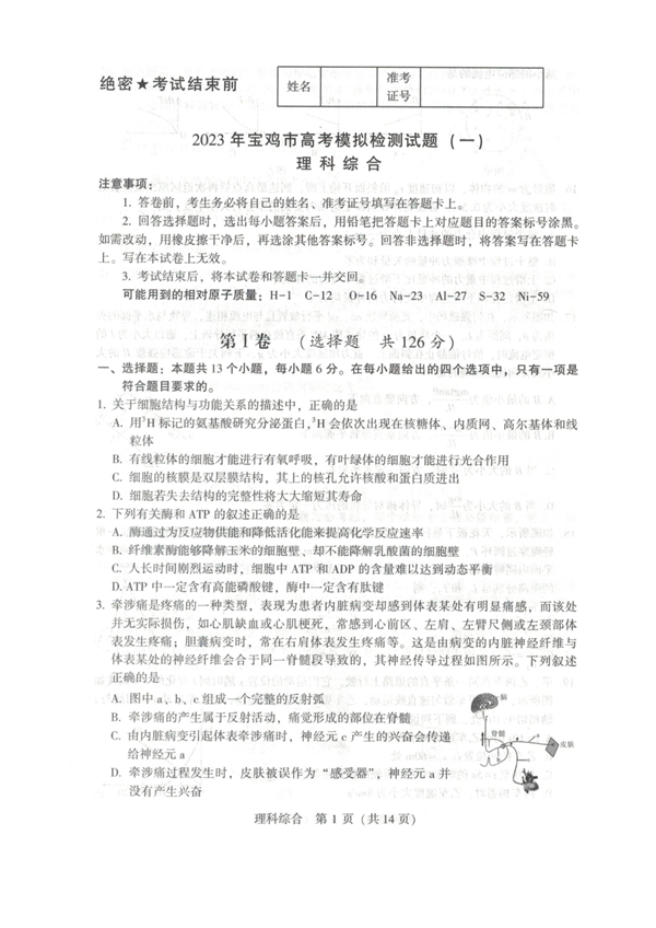 2023年宝鸡市高考模拟检测试题（一）理科综合.pdf 第1页