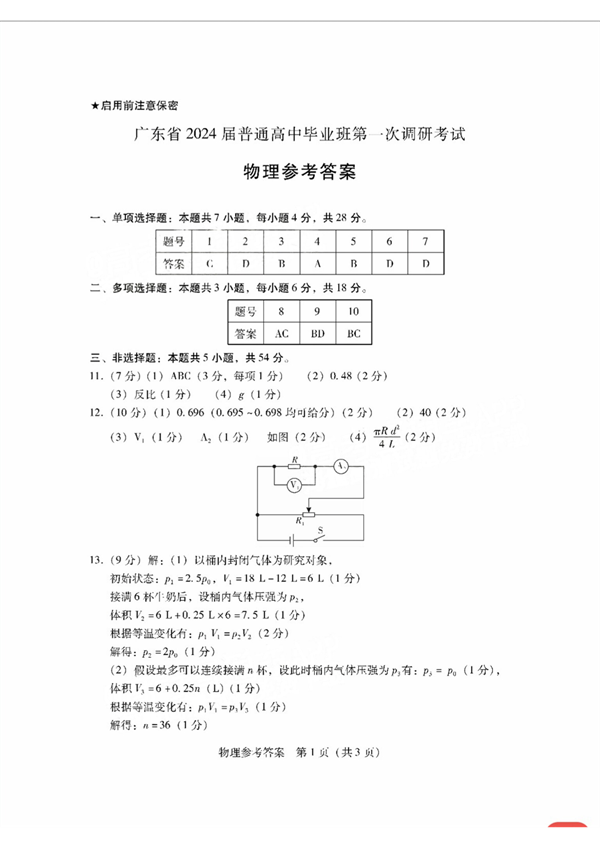 广东省2024届普通高中毕业班第一次调研考试物理参考答案.pdf 第1页