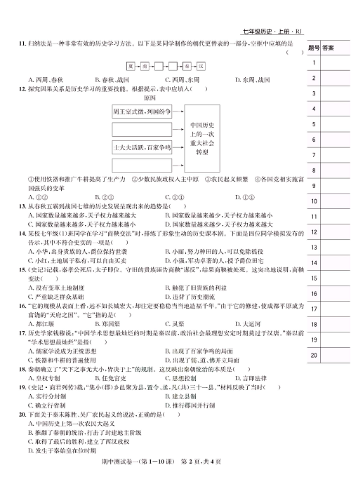 一卷好题&middot;七年级上册历史人教版知识点试卷_期中测试卷一（第1-10课）.pdf 第2页