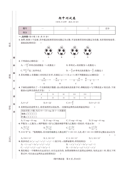 一卷好题七年级上册数学人教版试题_期中测试卷.pdf 第1页