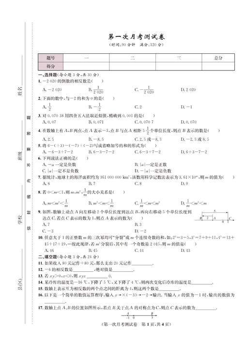 一卷好题七年级上册数学人教版试题_第一次月考测试卷.pdf 第1页